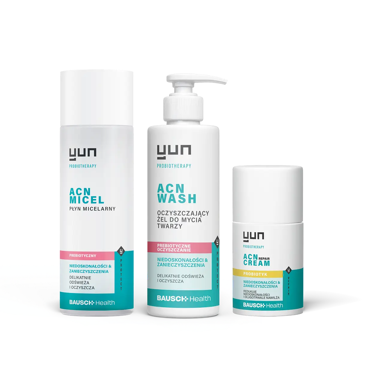 Zestaw kosmetyk&oacute;w Yun ACN: płyn micelarny, żel do mycia twarzy i krem.