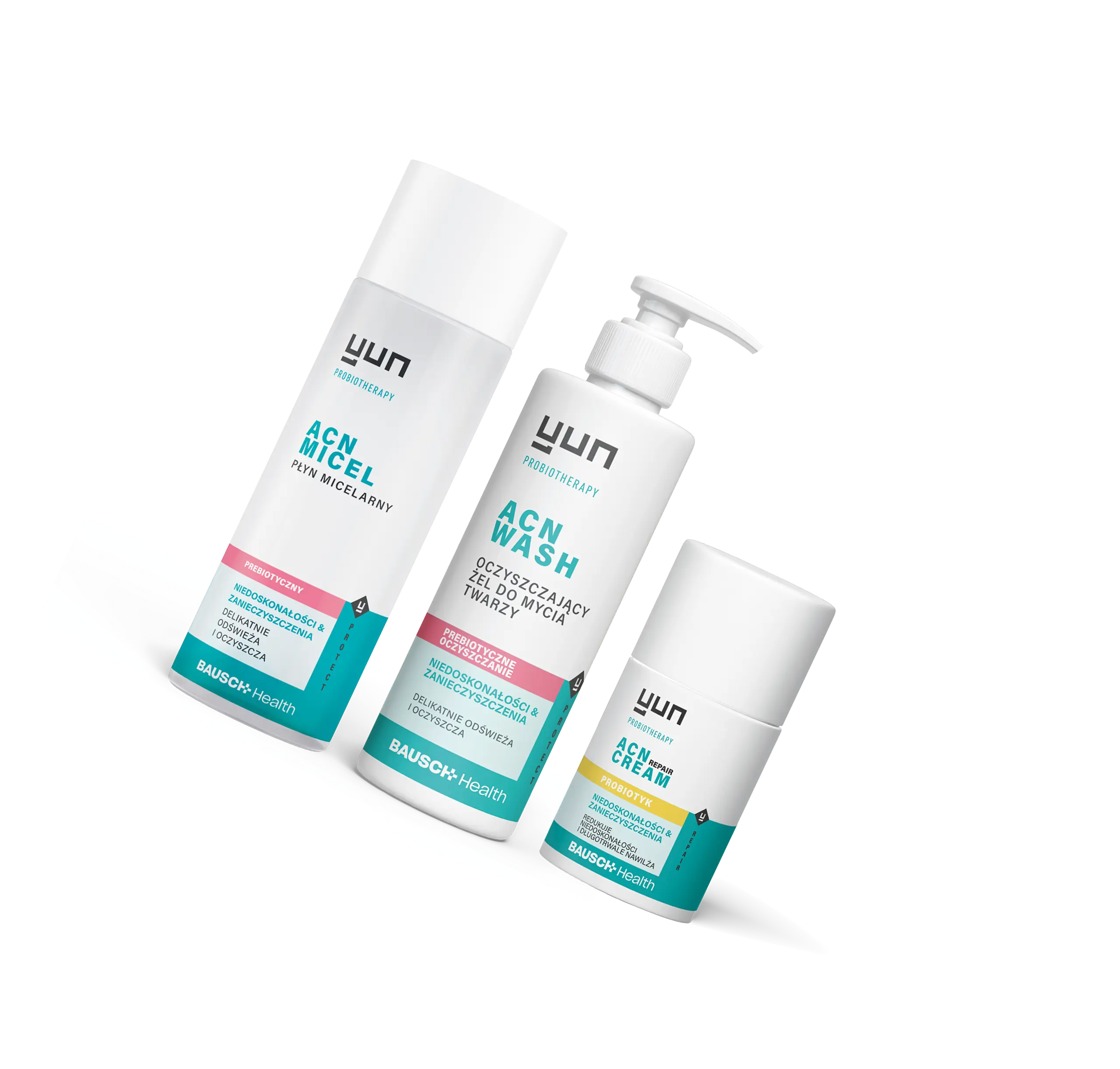 Zestaw kosmetyk&oacute;w Yun ACN: płyn micelarny, żel do mycia twarzy i krem.