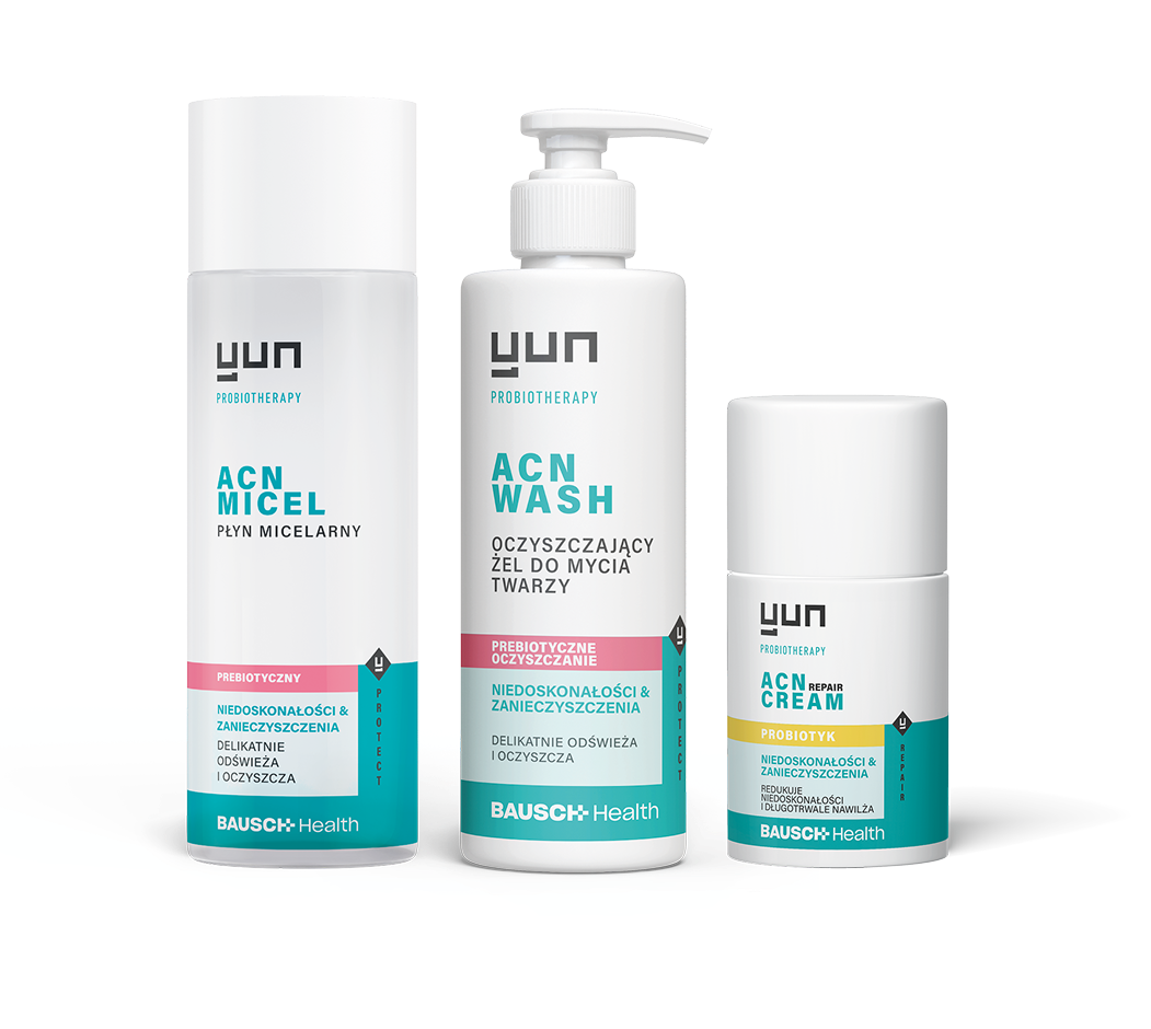 Zestaw kosmetyk&oacute;w Yun ACN: płyn micelarny, żel do mycia twarzy i krem.